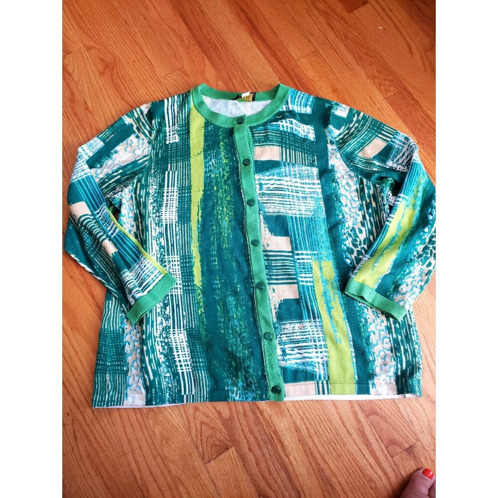 Bob Mackie Wearable Art XL Green Abstract Buttons Cardigan Sweater 3/4 Sleeves